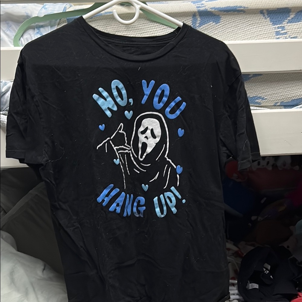 Black Graphic Tee with Blue and White Design
